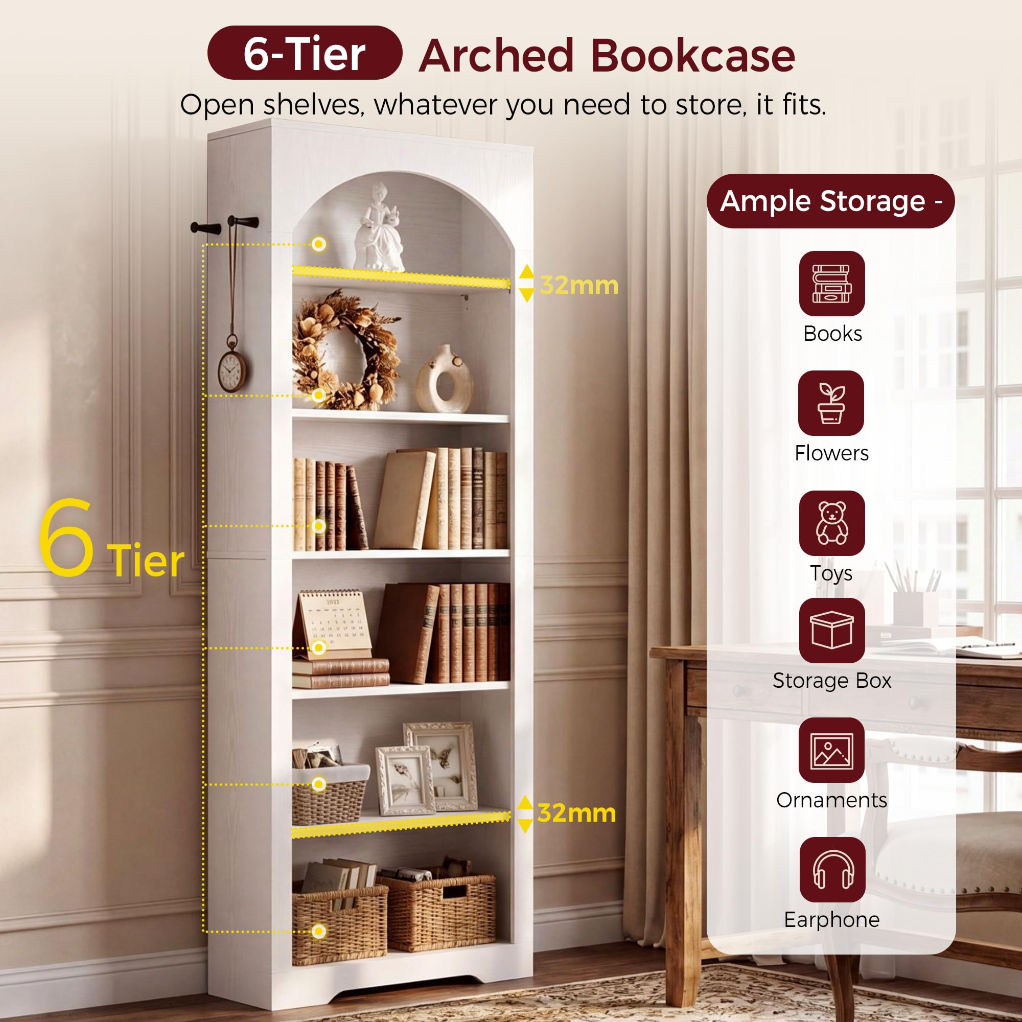 IRONCK 195cm Bookshelf, 6-Tier Arched Bookcase for Living Room