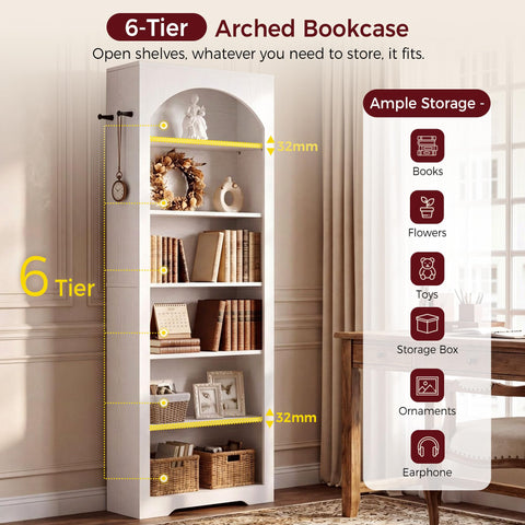 IRONCK 195cm Bookshelf, 6-Tier Arched Bookcase for Living Room