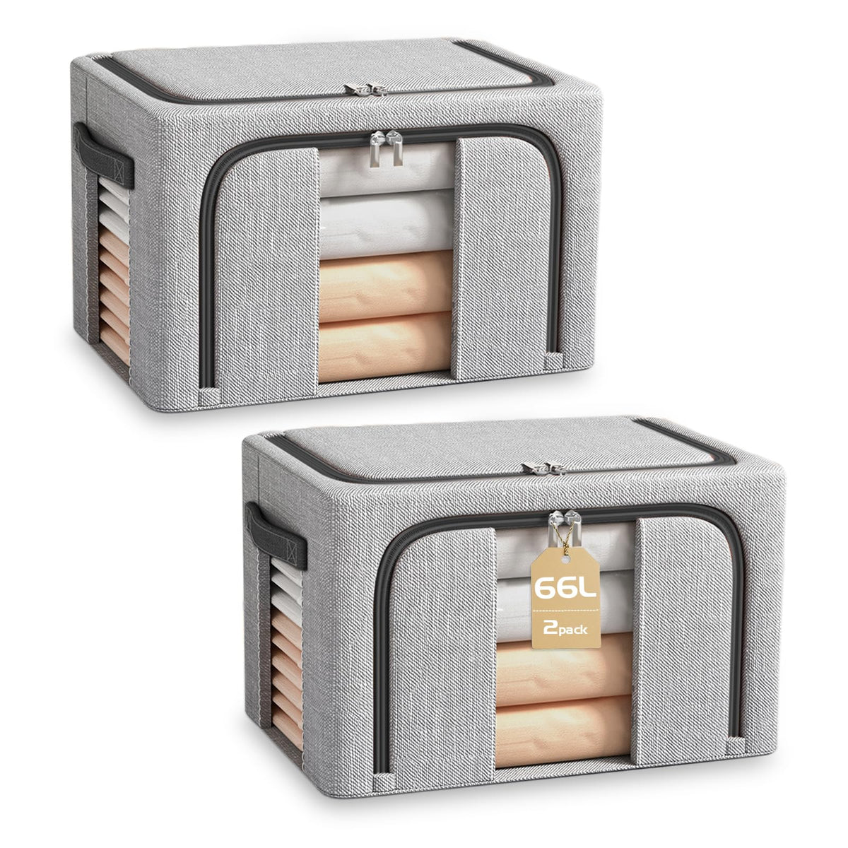 BOUDOI Clothes Storage Boxs With Lid，Large Storage Box With Double opening Zips Clear Windows，Foldable Oxford Cloth Steel Frame