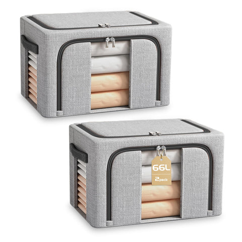 BOUDOI Clothes Storage Boxs With Lid，Large Storage Box With Double opening Zips Clear Windows，Foldable Oxford Cloth Steel Frame