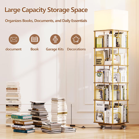 Quikraen 5-tier Revolving Bookcase with LED and Lockable Castors，Gold+Brown