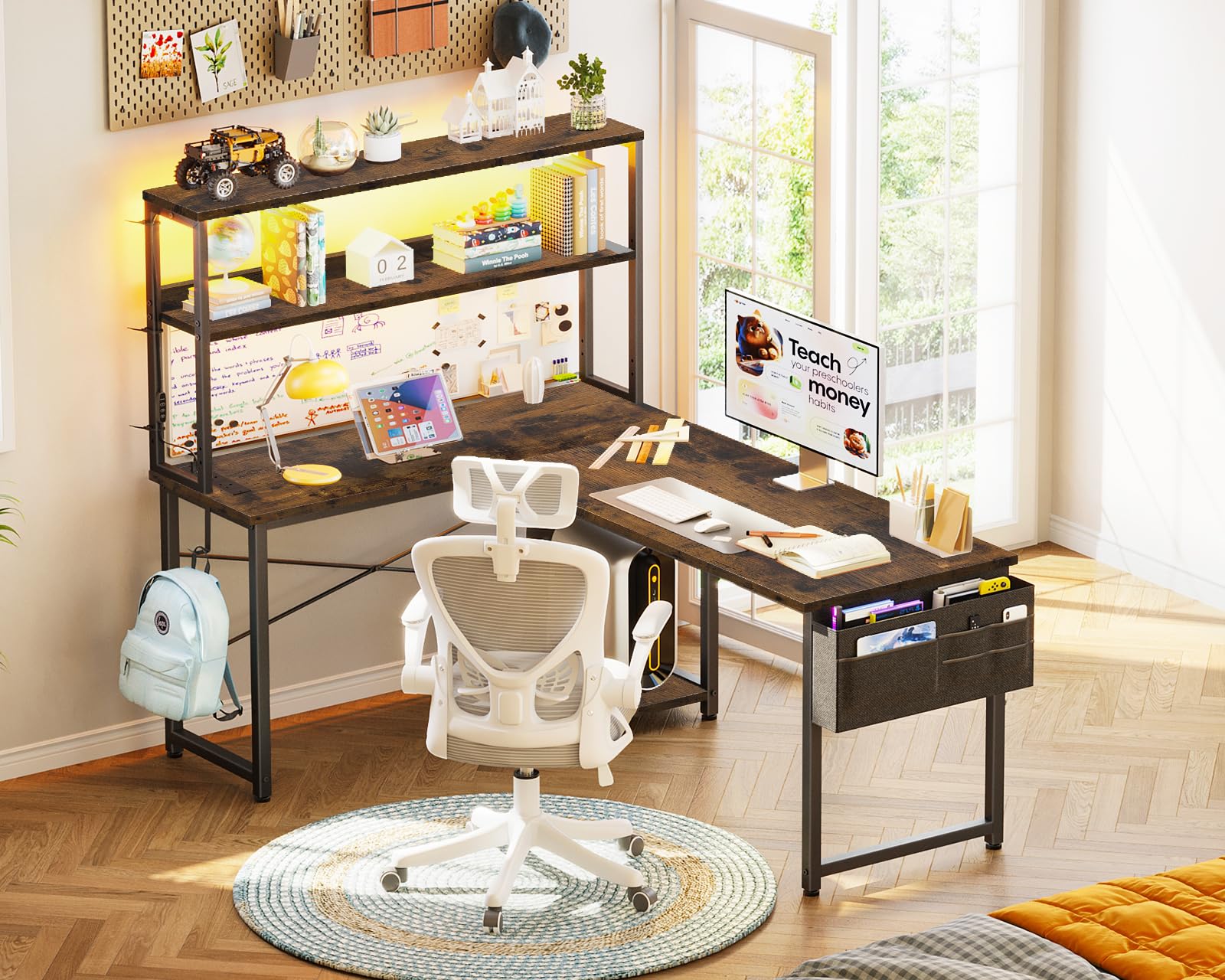 Coleshome L Shaped Gaming Desk with LED Lights & Power Outlet, Brown