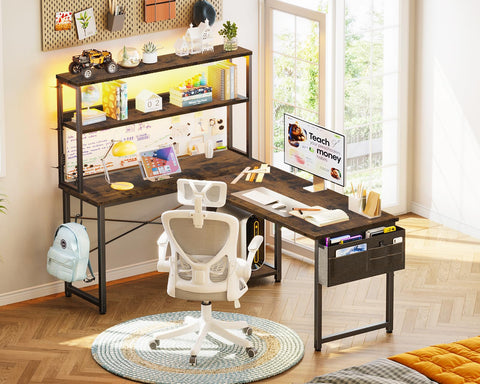 Coleshome L Shaped Gaming Desk with LED Lights & Power Outlet, Brown