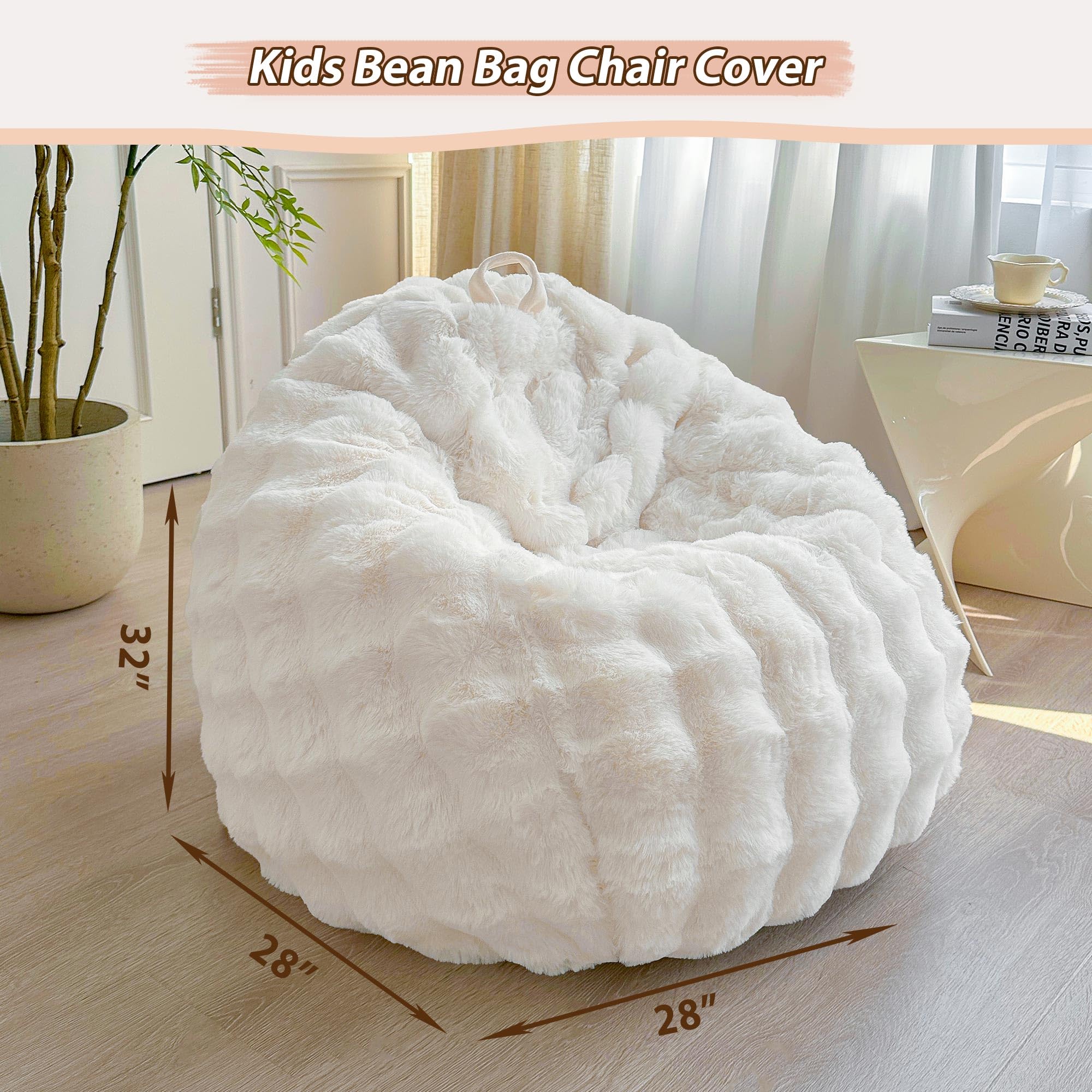 LIFEREVO Kids Fluffy Faux Rabbit Fur Bean Bag Chair Cover, No Filler, Beige