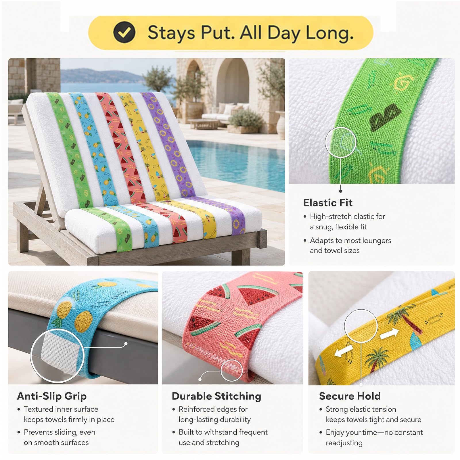 5 Pcs Towel Clips for Sun Loungers, Elastic Bands for Sunbed Towel, Windproof Sun Lounger Straps for Sun Loungers Pool Beach Chairs