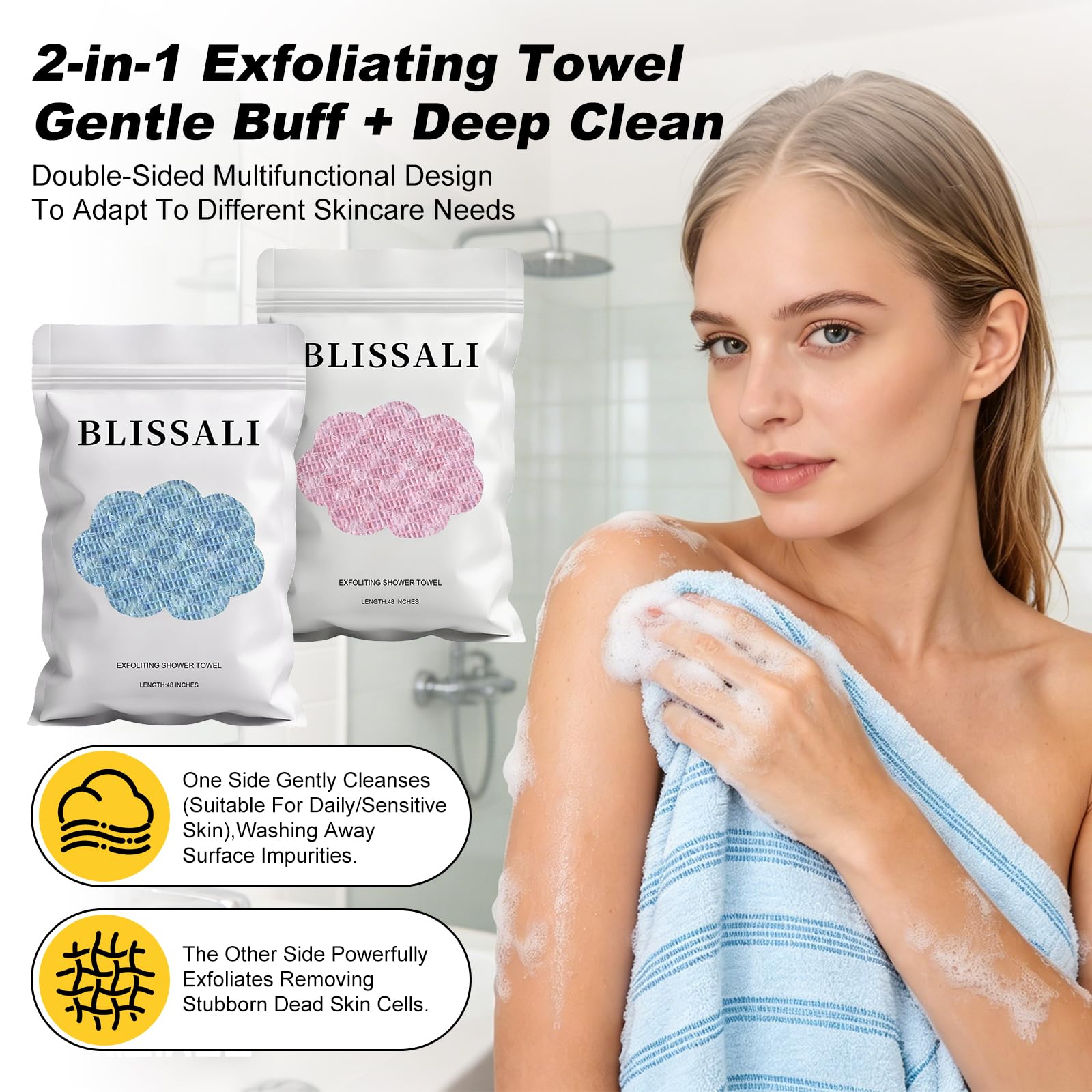 Awinclo 2Pcs Exfoliating Towel, 47" Premium Scrub Wash Cloth for Body Face, 2-in-1 Long Exfoliating Washcloth for Men Women,Exfoliating Body Scrubber