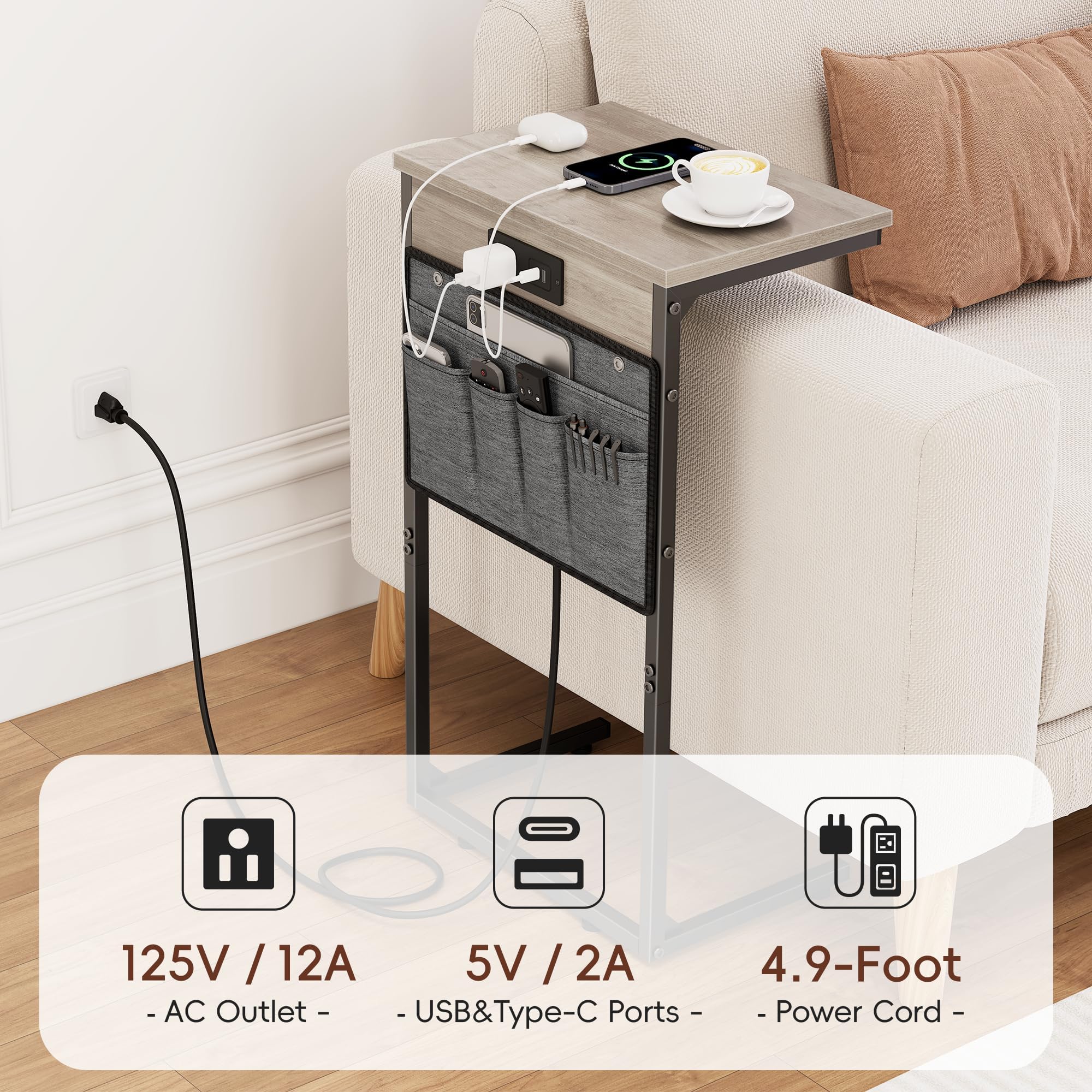 Vagusicc C Shaped End Table with Charging Station, 28" Tall Couch Side Table, Sofa Table Beside Table, Slide Under Sofa Arm C Table for Small Spaces
