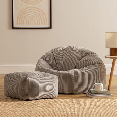 icon Kingston Cord Bean Bag & Footstool with Filling Included, Grey
