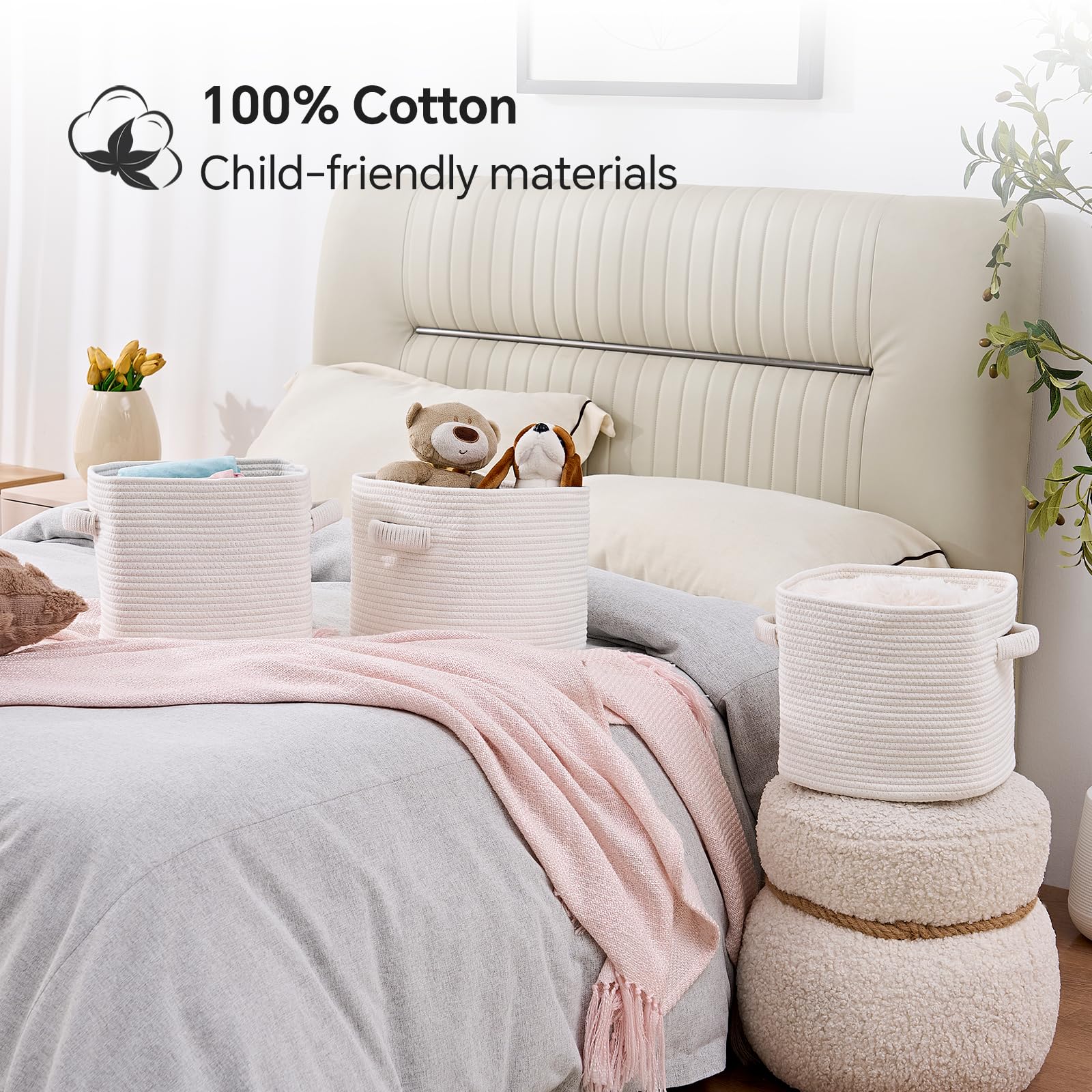 Mangata Set of 4 White Cotton Rope Cube Storage Baskets with Handles, 25x25x22cm, Woven Organisers for Shelves, Bathroom, Bedroom