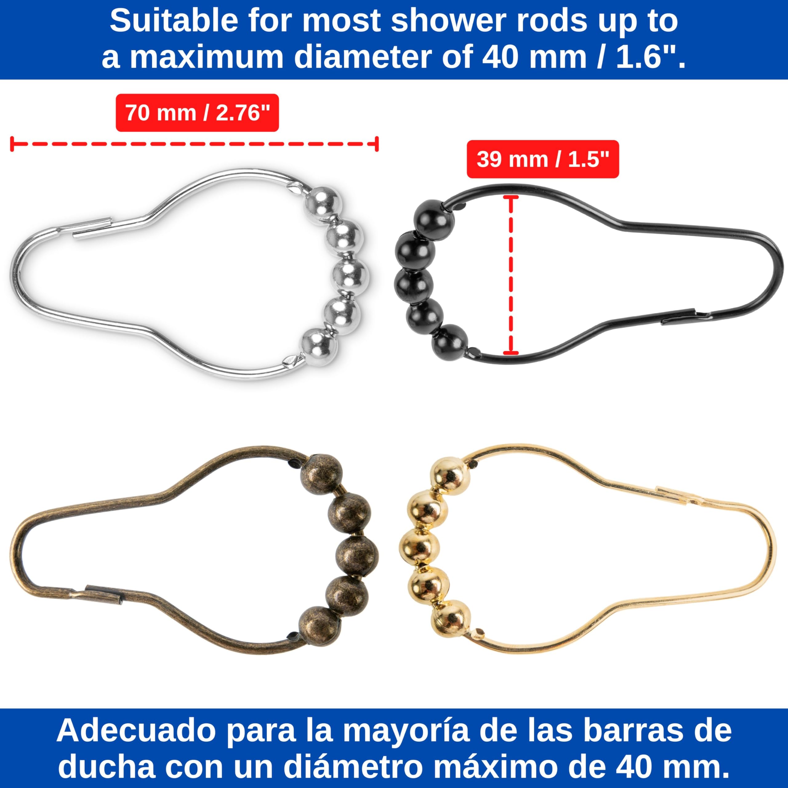 Shower Curtain Rings, 24 Pack, in Silver-Colour, Inner Diameter 2.7 x 1.5", for Shower Curtain Rods, sturdy metal shower rings, with Rolls to slide