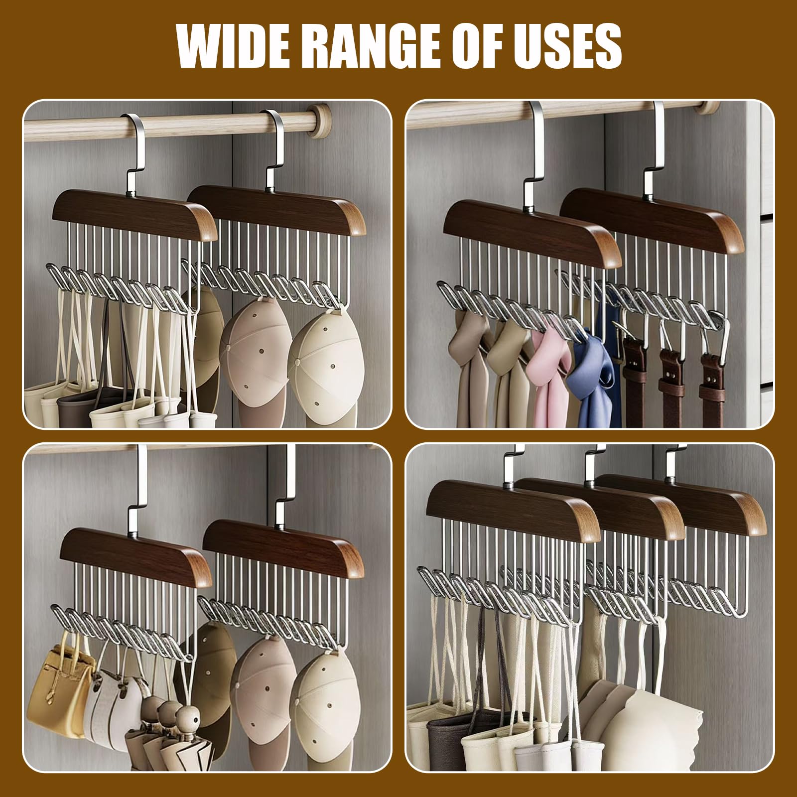2Pcs Belt Hanger for Closet, Belt Hanger for Wardrobe, Wooden Belt Organizer with 8 Hooks Space Saving Tie Rack Wooden Sturdy 8 Hook Belts Holder for