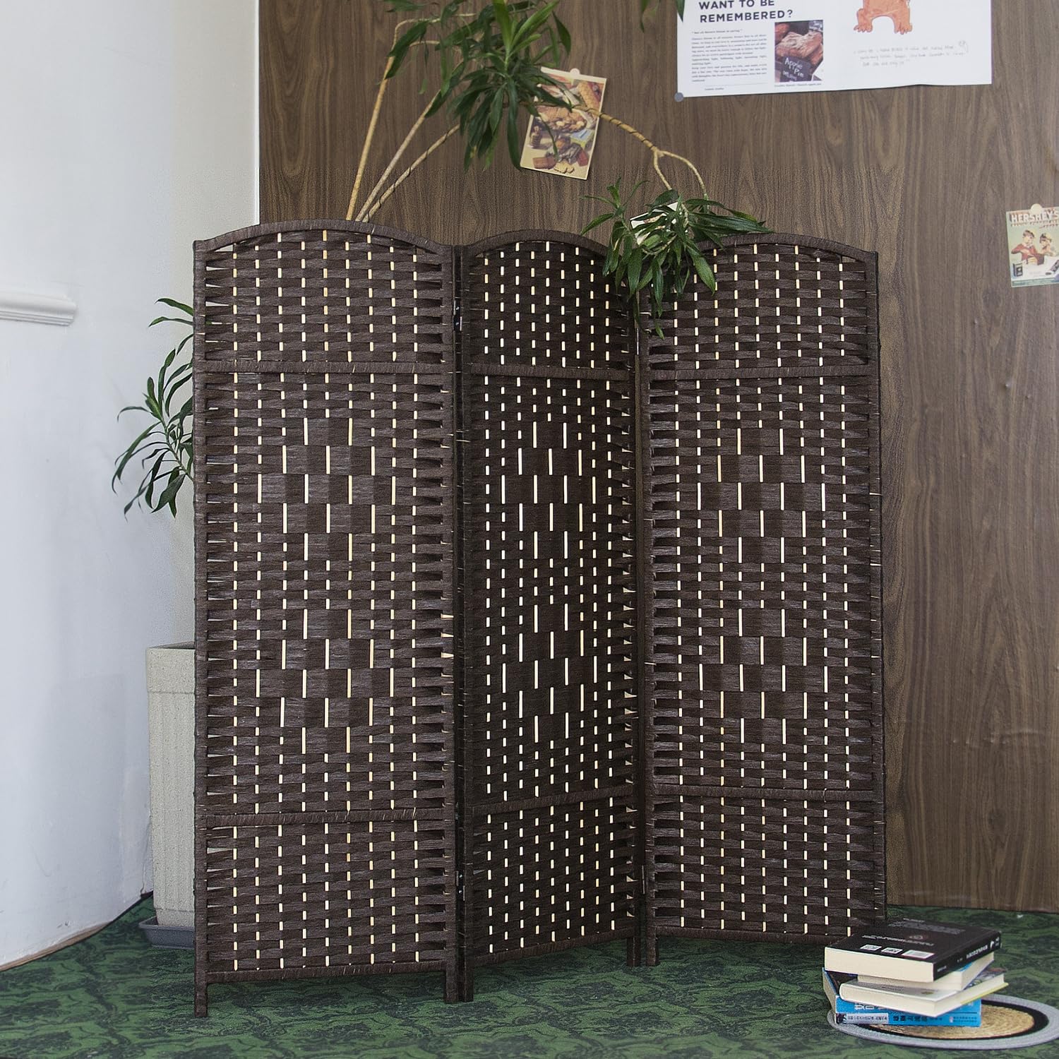 Furnnylane 3 Panel Dark Brown Rattan Divider Short Room Partition Screen,Double Sided Short Folding Divider for Room Separation,120 cm Tall