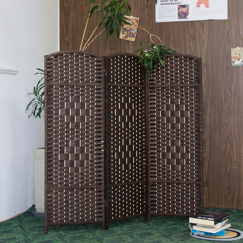 Furnnylane 3 Panel Dark Brown Rattan Divider Short Room Partition Screen,Double Sided Short Folding Divider for Room Separation,120 cm Tall