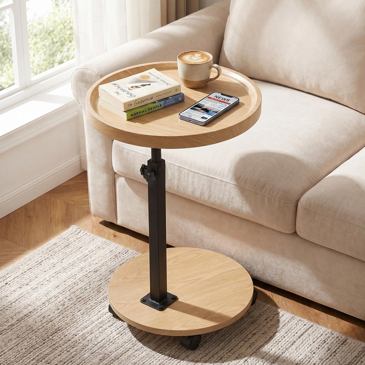 OUAYEMEL Side Table Adjustable Height, 360°Swivel End/Bedside Tables with Wheels for Sofa Bedroom Office Living Room, Coffee Tables for Small Spaces