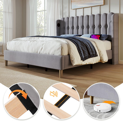 Merax Double bed frame, 4ft6 Double Upholstered Kids Bed, with USB and Type-C Charging, Sturdy Wooden Slatted Frame, No Mattress