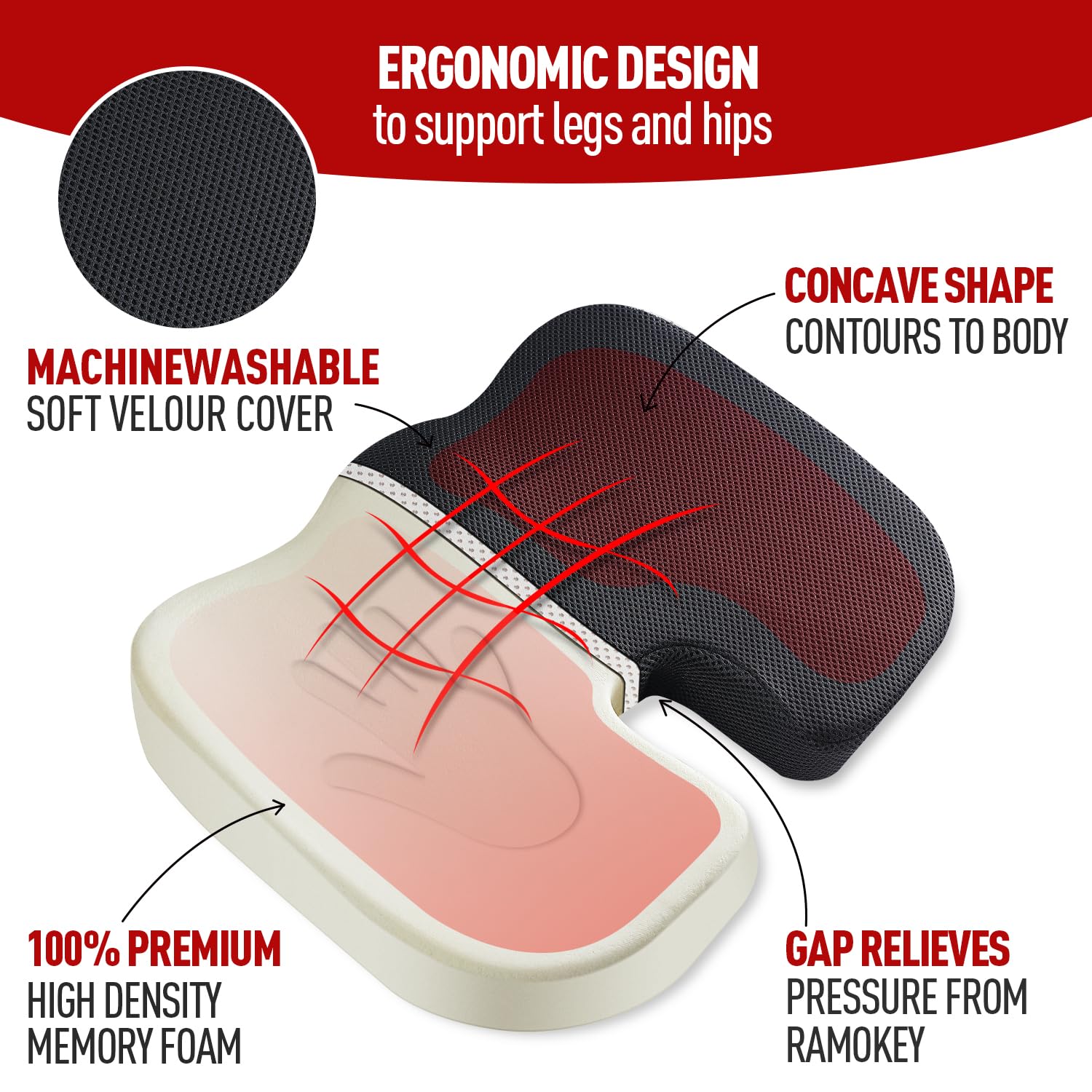 Memory Foam Seat Cushion, Ergonomic Coccyx Cushion for Car & Office Chair