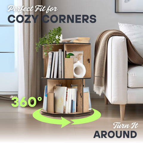 vigowood Corner Shelf Kids Bookshelf, Rotating Book Shelf for Kids Rooms – Space-Saving Wooden Storage Organizer for Books and Toys (Walnut, 2 Tier)