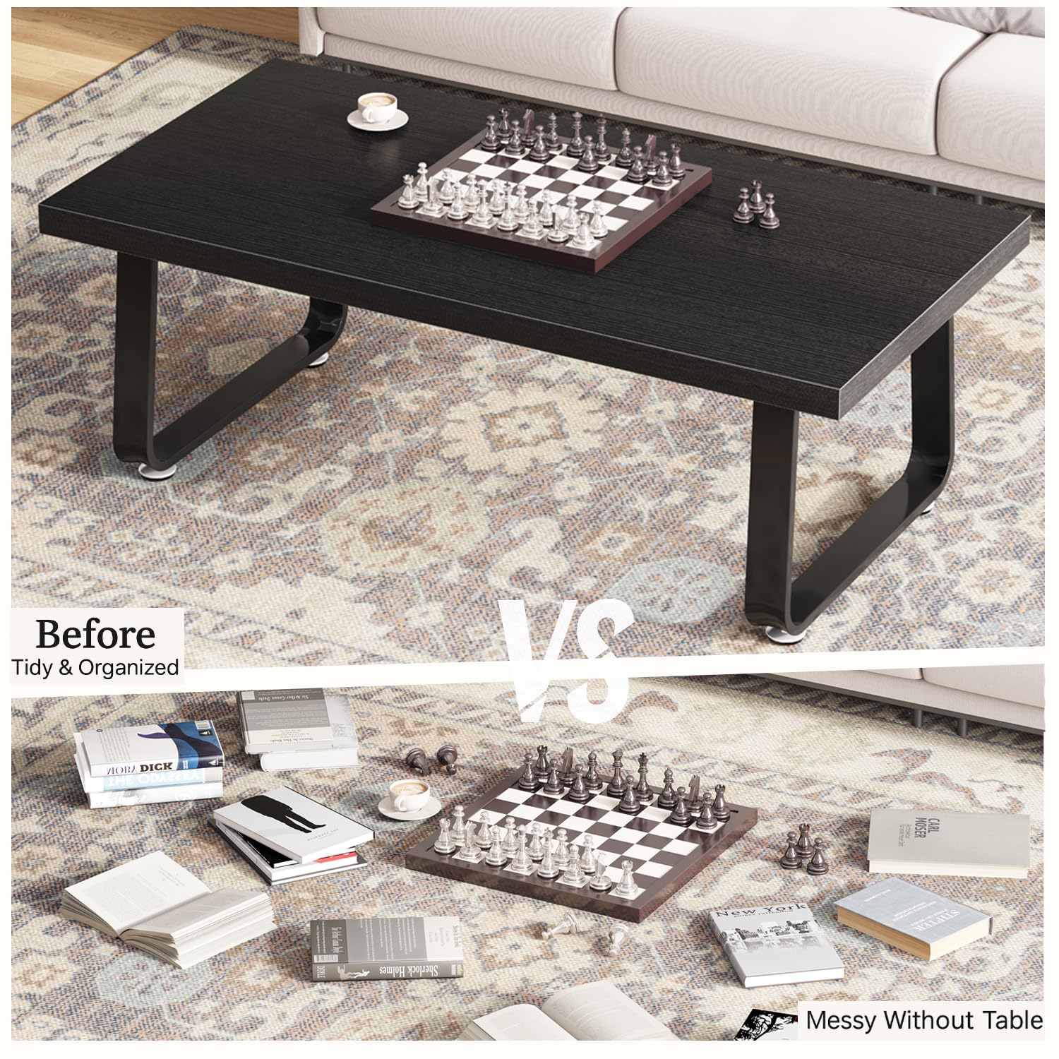 HSH Black Oak Coffee Table, 60D×120W×46.5H cm, Rustic Industrial Wooden Coffee Table for Living Room Bedroom Office