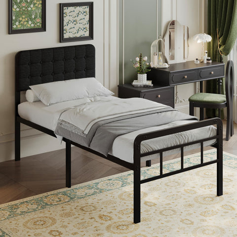 EMODA Small Single Bed Frame with Upholstered Headboard and Footboard