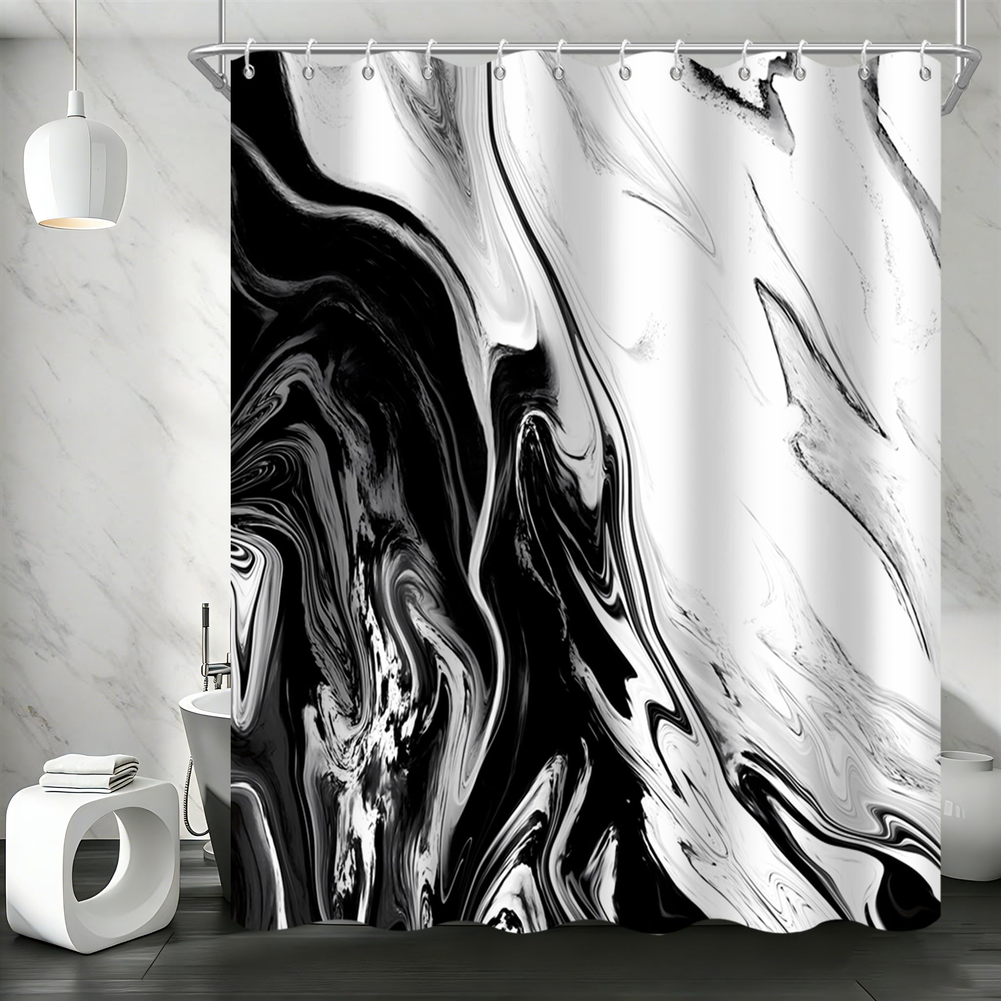 GCIREC Shower Curtain, 180x200cm, Black White Texture Ink Marble Modern Art Waterproof Fabric Machine Washable Bathroom Curtain with Hooks