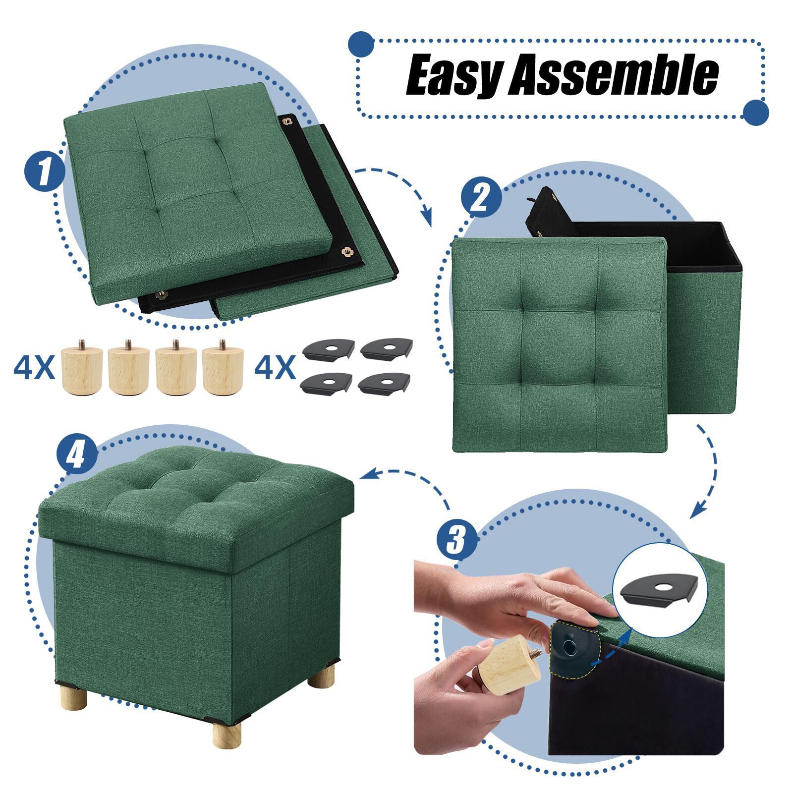 BRIAN & DANY Folding Ottoman Storage Box with Wood Legs, Linen Foot Stool, Footstool with Storage, Highly Elastic Sponge Filling, Dark Green