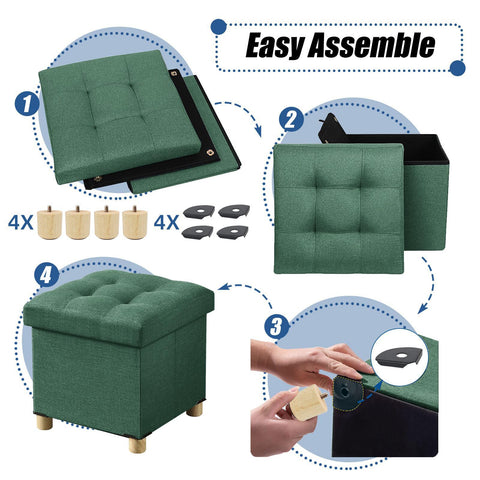 BRIAN & DANY Folding Ottoman Storage Box with Wood Legs, Linen Foot Stool, Footstool with Storage, Highly Elastic Sponge Filling, Dark Green