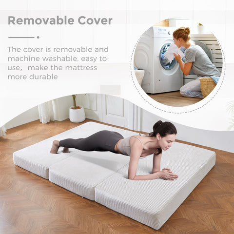 MAXYOYO Folding Corduroy Mattress, 3-Way Folding Mattress, 10 cm Thick, Foldable Guest Mattress with Removable & Washable Cover