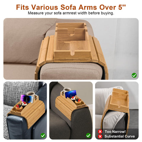 Joy&Grace Couch Cup Holder, 3-in-1 Magnetic Detachable Couch Arm Tray, Bamboo Sofa Armrest Table with Anti-Slip Pad, Sofa Armrest Tray Table (Natural)