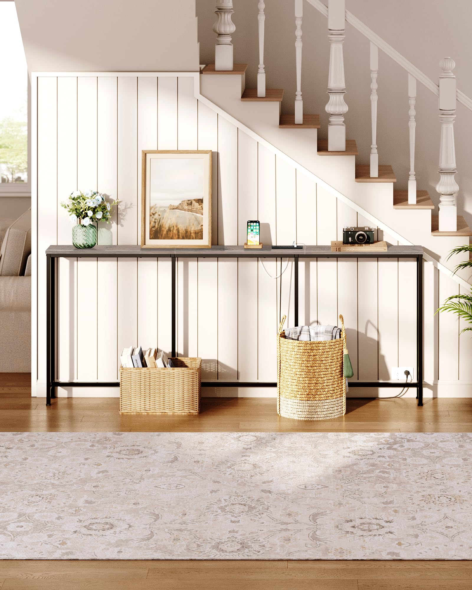 CHOEZON 200 cm Narrow Console Table with Power Outlet, 18 cm Skinny Sofa Table, Long Behind Couch Table with Charging Station