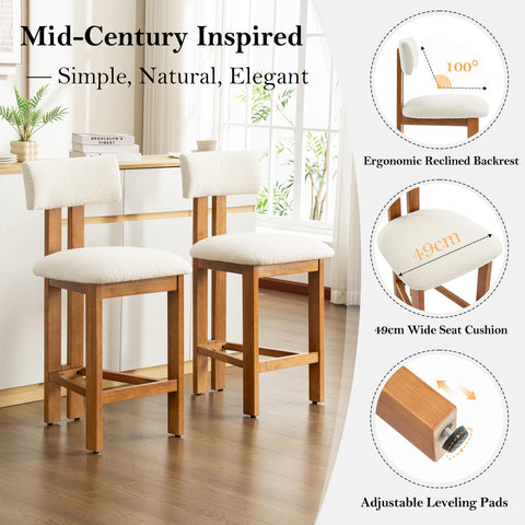 younturn Retro Mid Century Bar Stools Set of 2, Comfort Padded Boucle Upholstered Seats Breakfast Barstools with Backrest
