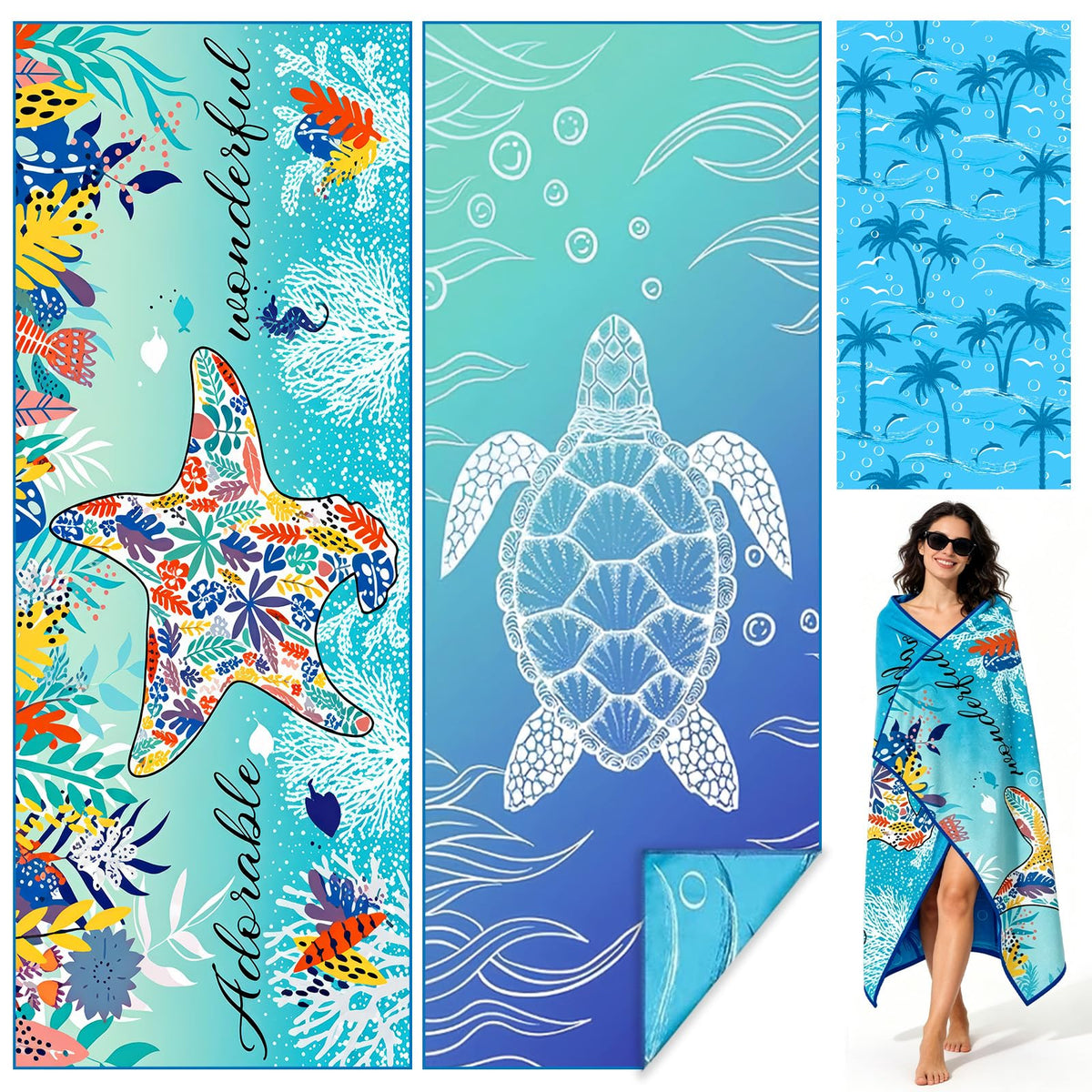 2Pack Microfibre Beach Towels for Adult,180x90cmQuick Dry Lightweight Towel