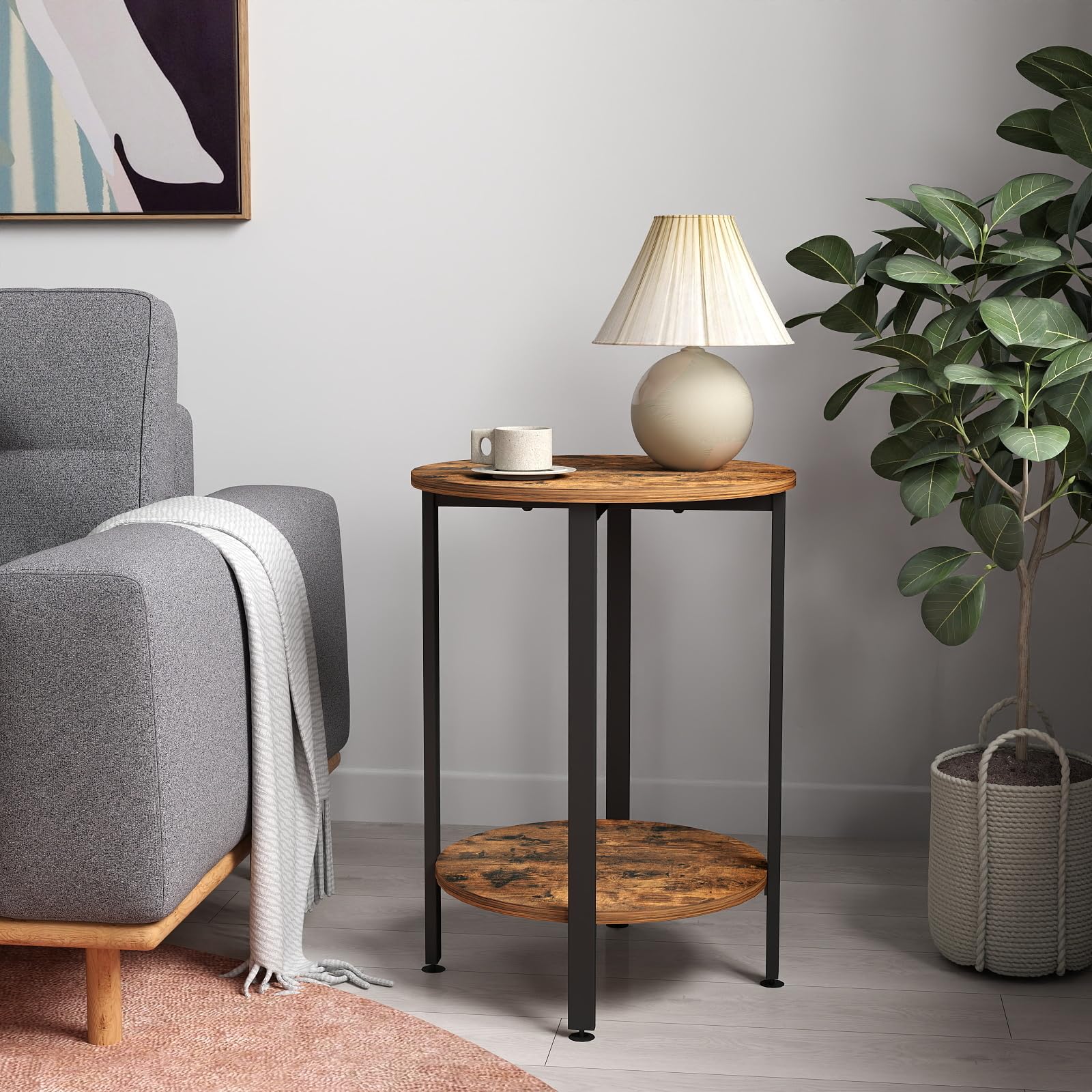 H JINHUI 2-Tier Round Side Table, Industrial End Table, Bedside Table, Sofa Table with Metal Frame, Coffee Table with Storage, for Living room
