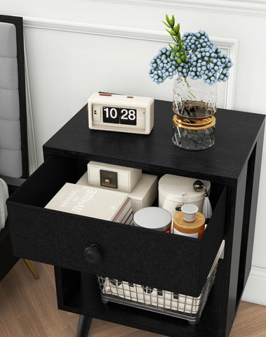 YMYNY Set of 2 Side Tables, Bedside Table, Sofa End Table, with Fabric Drawers and Open Shelf Unit, Solid Wood Legs, Nightstand, for Bedroom