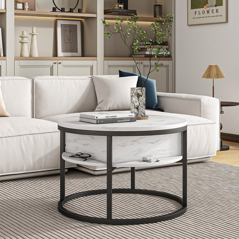 HOJINLINERO Round Coffee Table,Lift Top Coffee Tables for Living Room,Wooden Table with Hidden Storage & Lift Up Top,Modern Sofa Tea End Center
