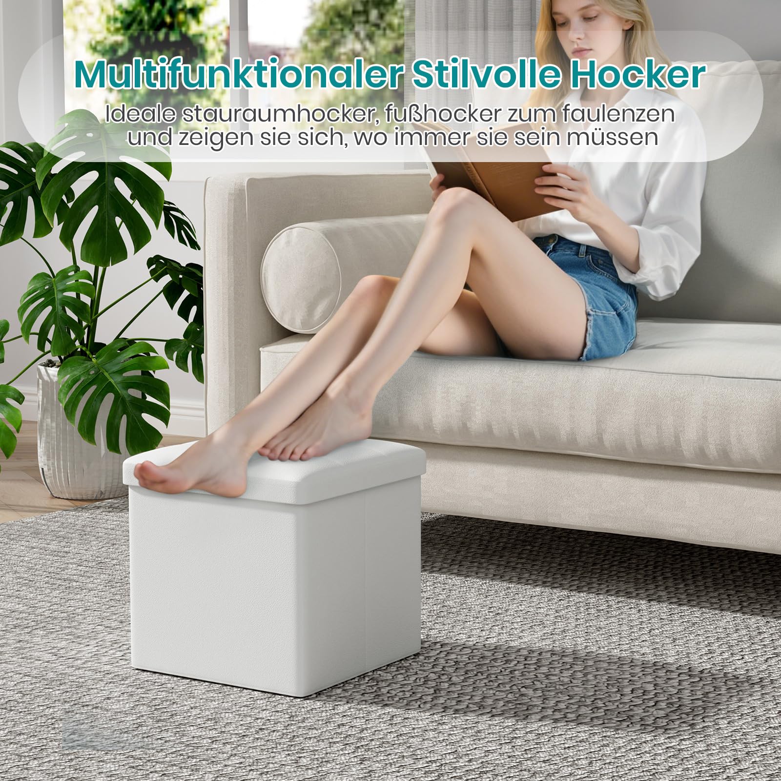 Oak & Tea Storage Ottoman With Legs, Linen Footstool, Dark Grey