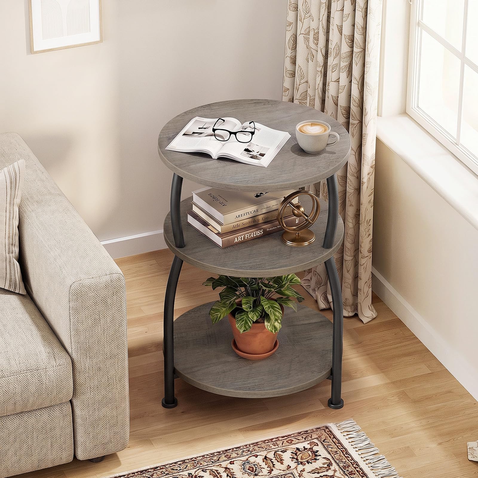 Yuede 3 Tier Side Table, Round Coffee Table, End Table with Storage Shelf, Bedside Table, for Living Room, Bedroom, Metal Frame, 40 x 61 cm, Gray