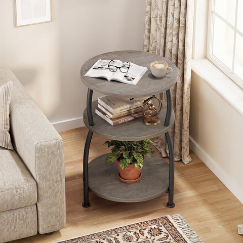 Yuede 3 Tier Side Table, Round Coffee Table, End Table with Storage Shelf, Bedside Table, for Living Room, Bedroom, Metal Frame, 40 x 61 cm, Gray