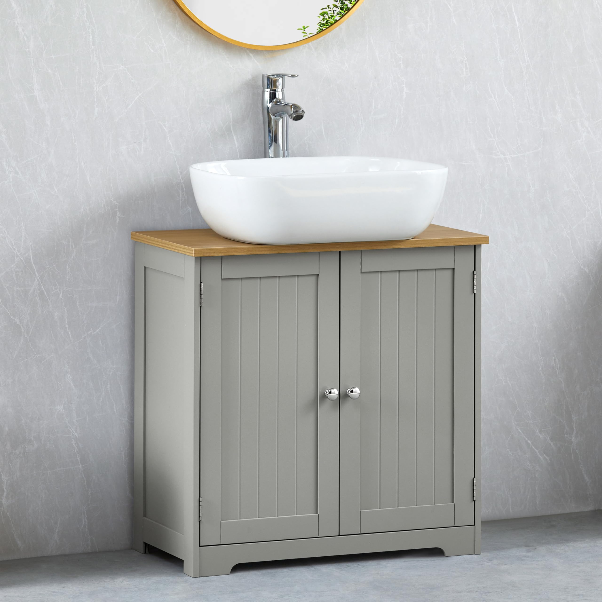 Bath Vida Priano 2 Door Under Sink Cabinet | Grey & Oak | 60 H x 60 W x 30 D cm | Adjustable Shelf Space | Freestanding Storage Basin Unit | Compact