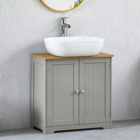 Bath Vida Priano 2 Door Under Sink Cabinet | Grey & Oak | 60 H x 60 W x 30 D cm | Adjustable Shelf Space | Freestanding Storage Basin Unit | Compact