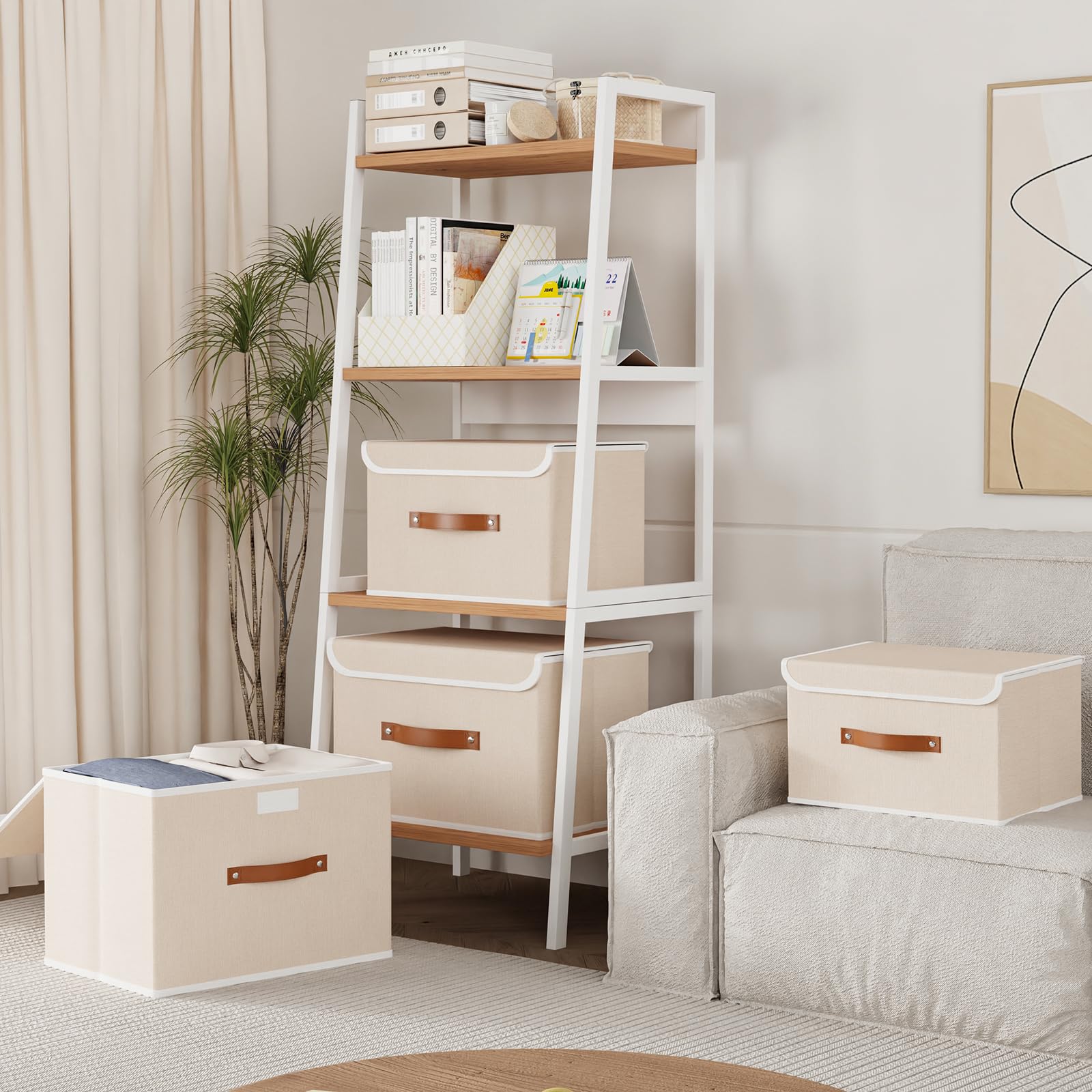 Yawinhe Collapsible Storage Boxes with Lids,38x25x25cm,Beige,3-Pack