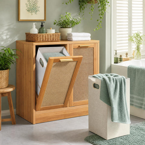 PATIOPIA Bathroom Cabinet with Laundry Baskets, Tilt Out Laundry Hamper, Bathroom Storage Cabinet with Real Rattan Design