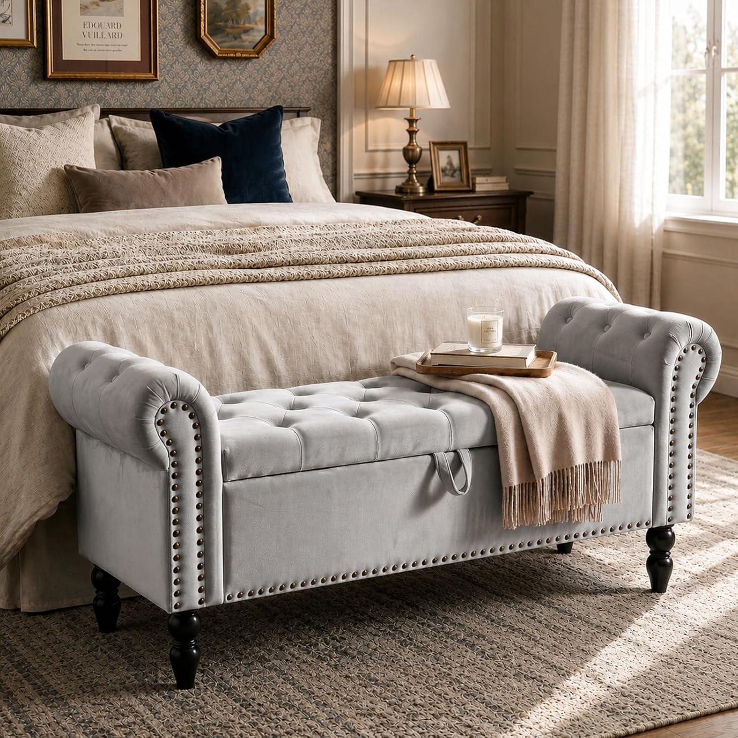 Clevich 133cm Velvet Storage Ottoman Bench, 168KG Load Capacity, Light Grey