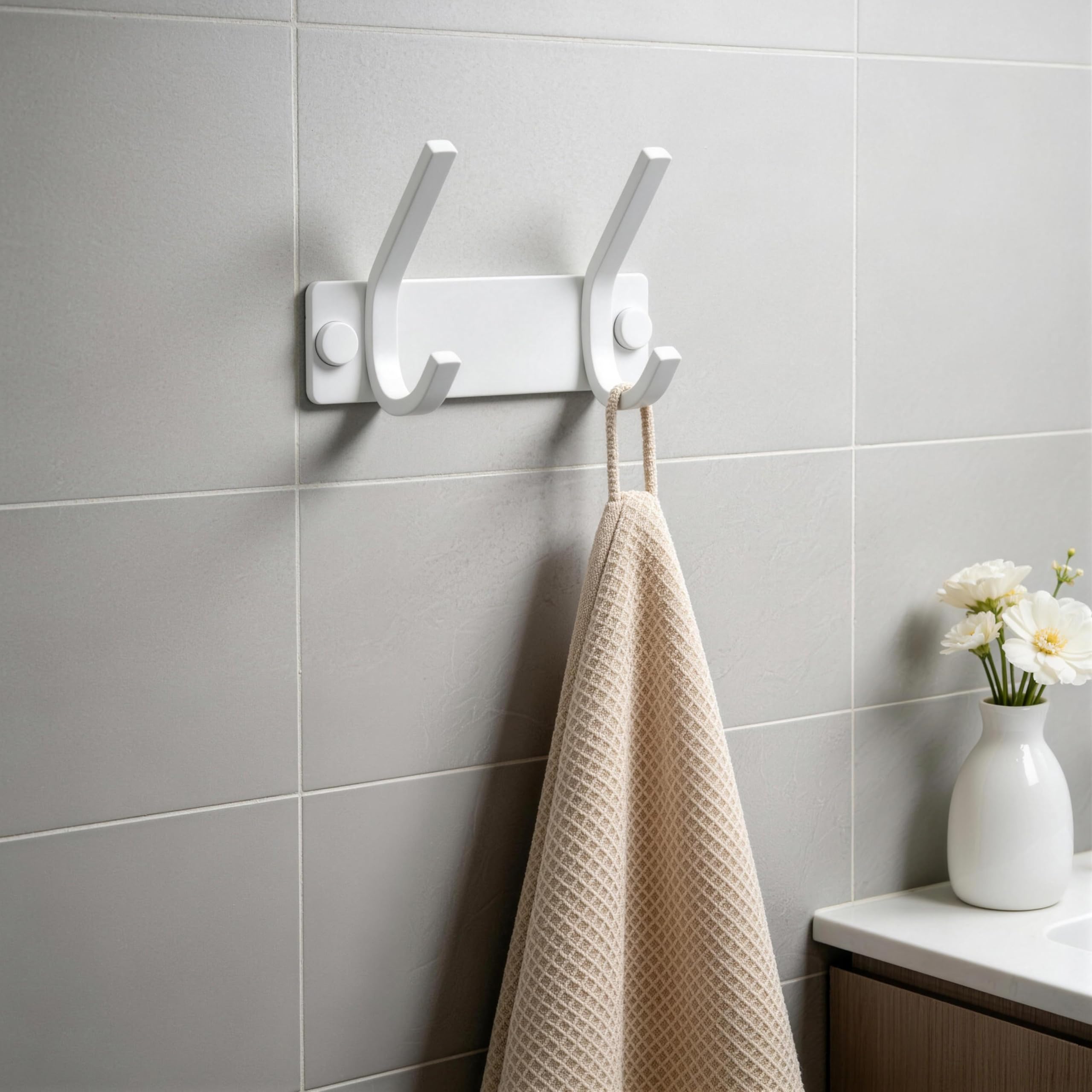 HONSKY Wall Coat Rack, 12cm Towel Rack, Painted Metal Wall Coat Hanger with 2 Double Hooks (4 Single Hooks),for Hanging Coat, Hat, Bag, Towel