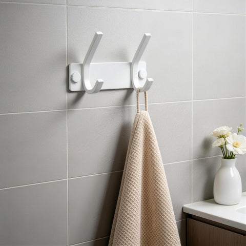 HONSKY Wall Coat Rack, 12cm Towel Rack, Painted Metal Wall Coat Hanger with 2 Double Hooks (4 Single Hooks),for Hanging Coat, Hat, Bag, Towel