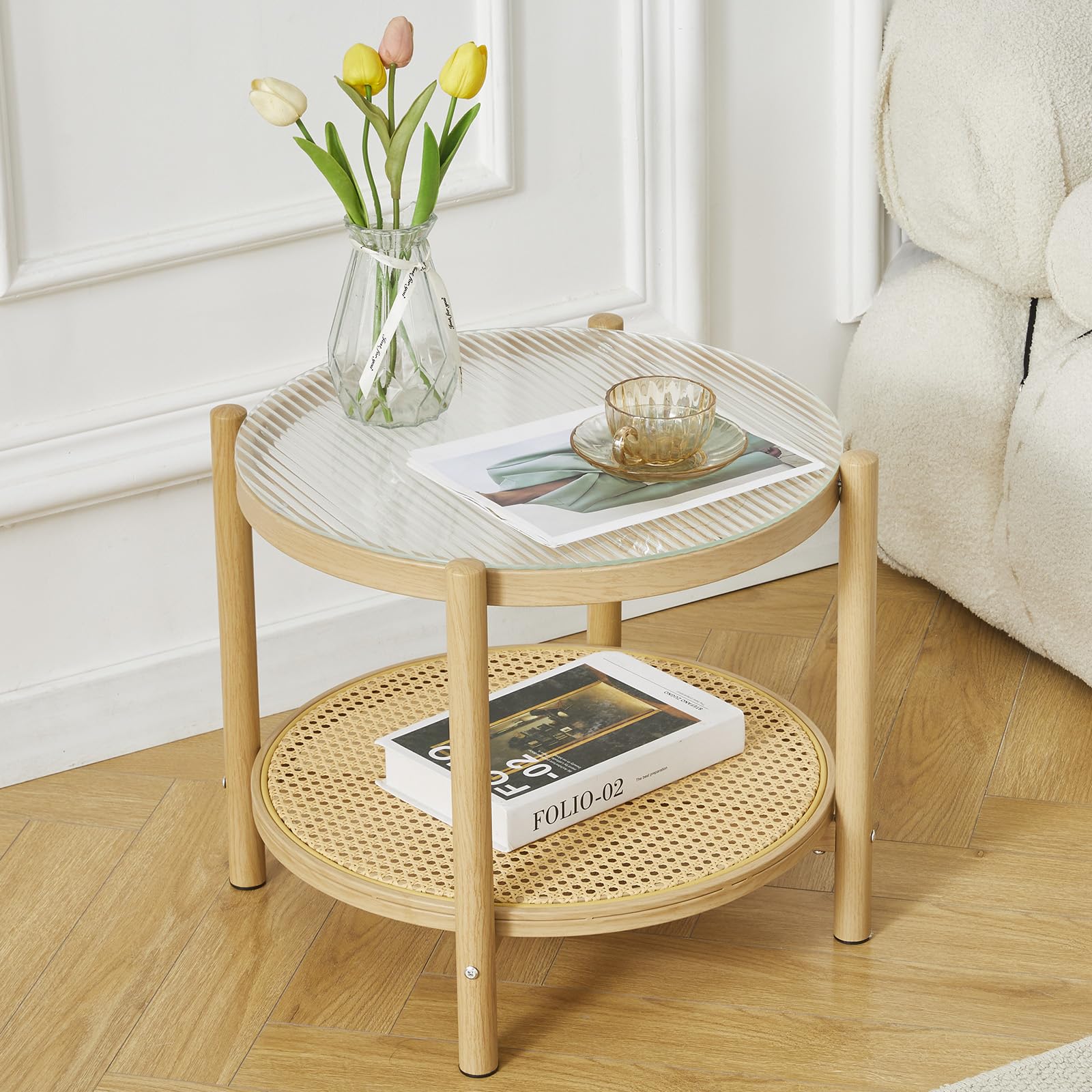 COSVALVE Boho Rattan Coffee Table Small Round, Glass Metal Side Table