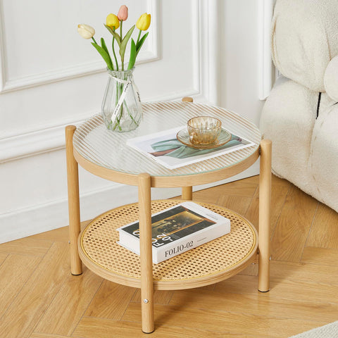 COSVALVE Boho Rattan Coffee Table Small Round, Glass Metal Side Table