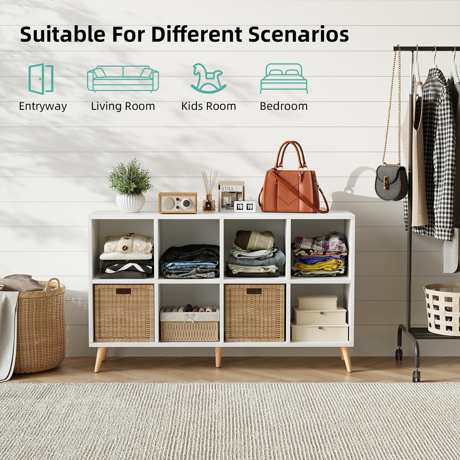 Flrrtenv 8-Cube Bookshelf 2 Tier Modern Bookcase with Legs, 120cm Wood Bookshelves Storage Organizer Shelf