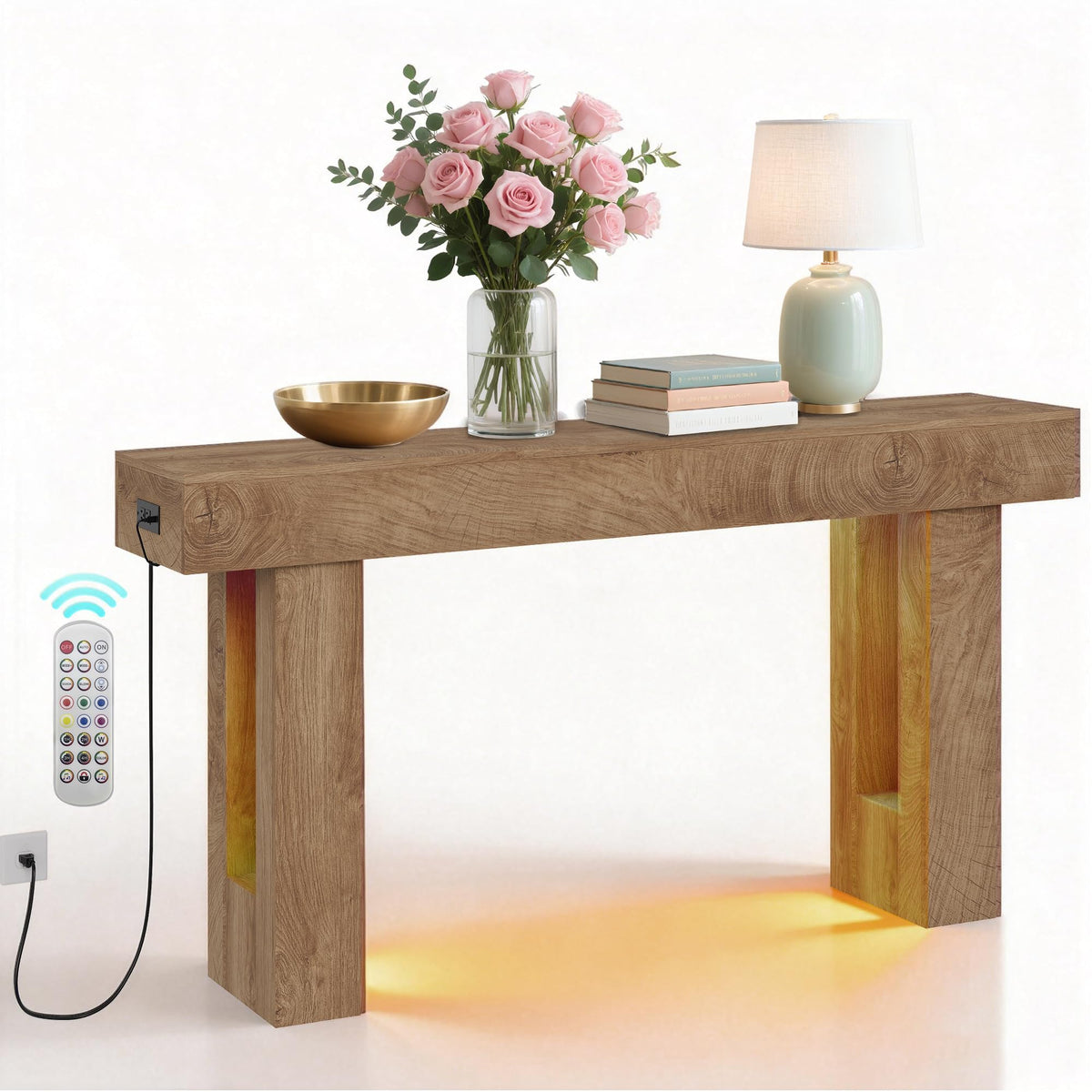 Crevyteg Farmhouse Console Table with Integrated Charging Station and Automatic Sensor Light