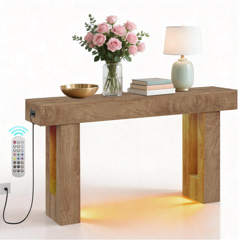 Crevyteg Farmhouse Console Table with Integrated Charging Station and Automatic Sensor Light