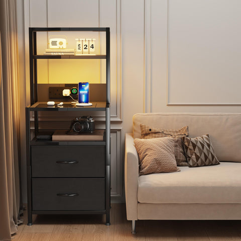 MUTUN Bedside Table with Charging Station and LED Light Strips, Nightstand with Drawers, Bedside Cabinet for Living Room, Bed Side Table for Bedroom